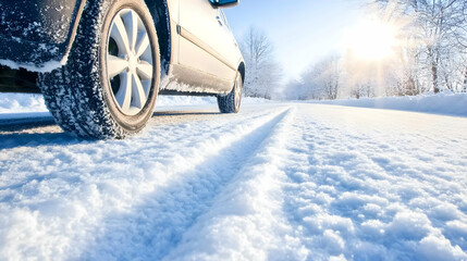 A silver car drives on a snow-covered road, leaving tire tracks in the fresh powder.  Sunlight glistens on the snow, creating a winter wonderland scene. The focus is on the tire and the snowy road