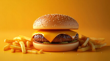 Delicious Cheeseburger with Melted Cheese and Golden French Fries on Yellow Background