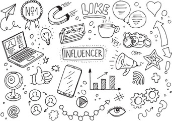 Influencer doodles, hand drawn vector set on white background
