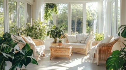 Obraz premium Sunroom Interior with Wicker Furniture and Lush Green Plants Flooded with Natural Light Creating a Cozy and Tranquil Indoor Garden Atmosphere in Home
