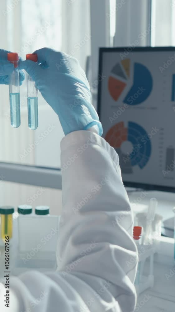 Poster in a modern lab, a dedicated scientist in a white coat examines vaccine samples in glass test tubes 