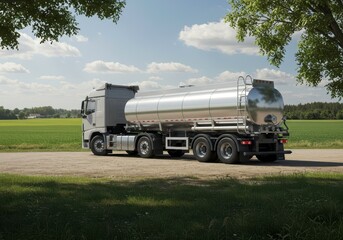 Silver tanker truck on road for transporting materials. Commercial delivery vehicle parked on country landscape for distribution. Industrial transport concept.
