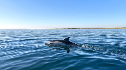 Fototapeta premium A dolphin swims in the calm, blue ocean. It looks happy and healthy in its home.