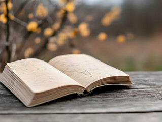 Obraz premium An open book rests on a rustic wooden surface, its creamy pages filled with faint sketches. A blurred autumnal backdrop of yellow leaves adds a touch of seasonal charm