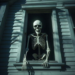 A spooky skeleton posing in a window frame. This image is perfect for adding a touch of mystery and thrill to your projects. The skeleton is staring straight at the camera.