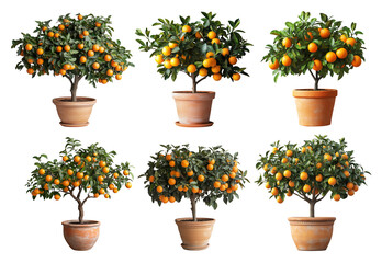Naklejka premium Set collection of growing citrus trees in roman clay pots showcasing progress from small to fruit-bearing isolated on white background