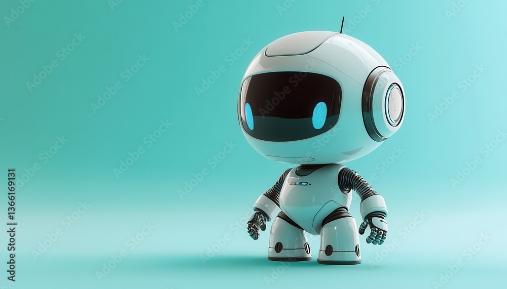 Poster white round robot character with black screen and blue eyes on turquoise background studio lighting 