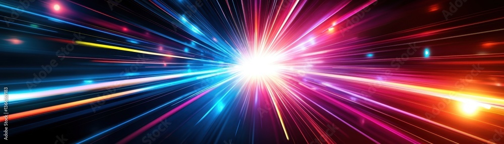 Poster abstract background with light streaks in blue pink and yellow colors with speed motion effects tunn