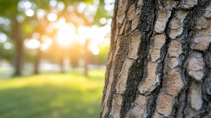 Obraz premium Close-up of tree bark texture, sunlight filtering through blurred background of park greenery. Warm, natural light illuminates scene