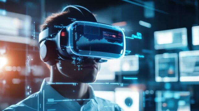 An AI powered virtual reality system enabling immersive training simulations for professionals, modern VR headset and system setup with real-time data integration, Training technology style
