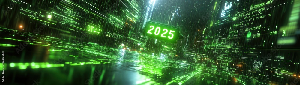 Aufkleber Abstract Digital Network Background Featuring the Year 2025 in Bright Green Lights with Futuristic Technology and Artificial Intelligence Concept in a Cyberpunk Matrix Environment