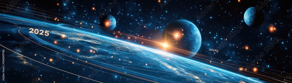 Aufkleber abstract digital render of planets orbiting a starry axis in deep space with data connections and gl