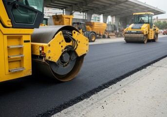 Road roller compacting new asphalt pavement construction, machine vehicle leveling blacktop project on street, urban development for infrastructure maintenance