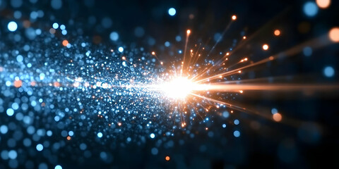 Fototapeta premium Glowing blue and orange particles converge in a bright beam of light, creating a dynamic and energetic visual effect. The depth and sparkle add a sense of movement and wonder
