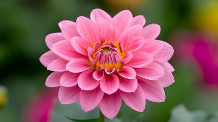 Close Up Of A Fully Bloomed Pink Dahlia Flower With Yellow Center And Detailed Petals In A Garden