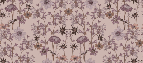 Mocha mousse color pattern of flowers and leaves, repeating pattern, artistic like wallpaper.