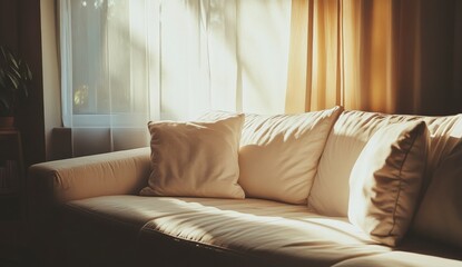 Sunlight Illuminates Beige Couch with White Pillows in a Room