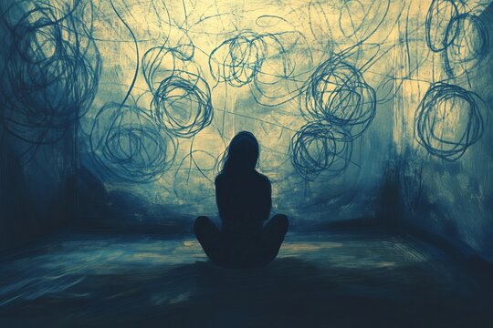 A person sitting alone in a dimly lit room, surrounded by swirling, abstract thought bubbles filled with chaotic scribbles, symbolizing overthinking.Overthinking,anxious thoughts,brain fog.