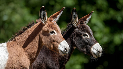 Fototapeta premium Two Donkeys Profile View Head and Neck Brown And Black