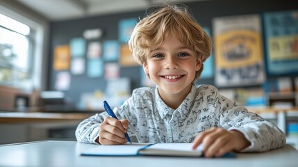Smiling boy writing in a notebook during a creative classroom activity at school in the morning