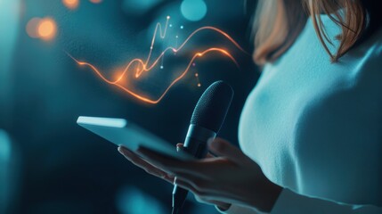 An AI powered voice to text transcription system converting spoken words into accurate text for business meetings, Productivity technology style, photo of