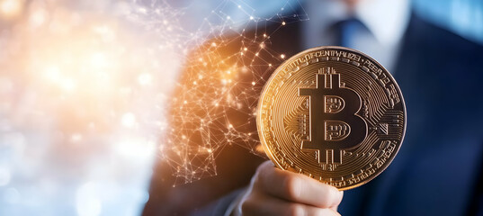 A person's hand holding a large gold cryptocurrency coin.  Digital network connections are visible behind the coin, suggesting technological and financial interconnectivity