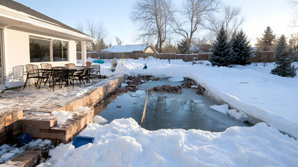 A frozen backyard pool partially covered in snow, next to a patio with furniture.  The surrounding yard is also snow-covered, with trees and a house visible in the background.  Winter scene