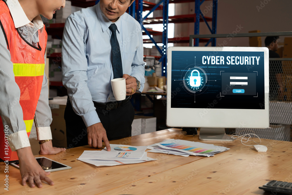 Poster cyber security system on computer screen protect private information snugly from hacker and cyber at