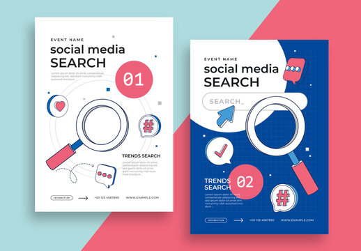 Social Media Search Event Posters with Magnifying Glass in Blue and Pink Accent
