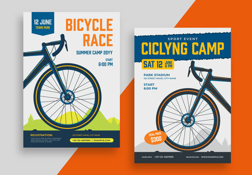 Sports Flyer Layout for Cycling Event with Bicycle Wheel and Handlebars