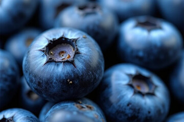 Obraz premium A captivating cluster of plump, juicy blueberries, their deep blue hue glistening under soft light, a delicious summer bounty.