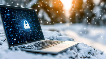 Laptop displaying a digital lock icon sits on snow-covered ground in a wintry outdoor setting.  The sun sets in the background, creating a warm glow