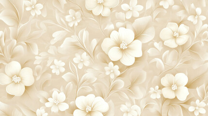 Elegant floral pattern featuring soft cream-colored flowers and leaves on a subtle beige background, ideal for textile design