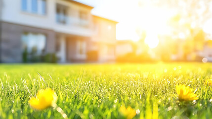Fototapeta premium Lush green grass with bright yellow flowers in foreground, blurred modern house and sunlit background. Peaceful, idyllic spring or summer scene