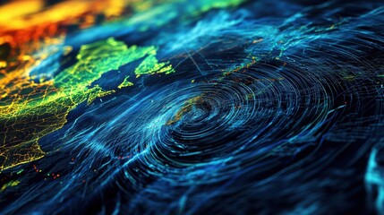 An AI powered weather forecasting system analyzing global data to predict extreme weather events with high accuracy, Environmental technology style, photo of