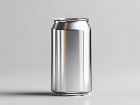 a silver aluminum can placed on a flat surface with a plain, light-colored background. The can has a smooth, reflective surface with subtle texture lines running vertically.