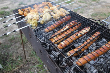 Shashlik and lula kebab are grilled over charcoal outside. Street food