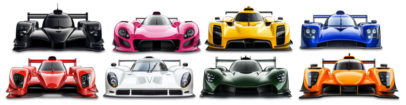 Set collection of modern FICTIVE hybrid endurance supercar race cars in various colors  isolated white background. sports car competion motorsport and racing prototype concept.