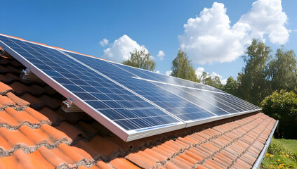 Solar panels are mounted on a tiled roof, basking in the sunlight under a partly cloudy sky.  The panels are neatly installed and angled for optimal sun capture