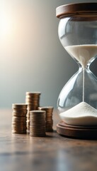 An elegant hourglass filled with fine sand stands beside neatly stacked coins, symbolizing the relationship between time and money. This striking image evokes a sense of urgency and reflection