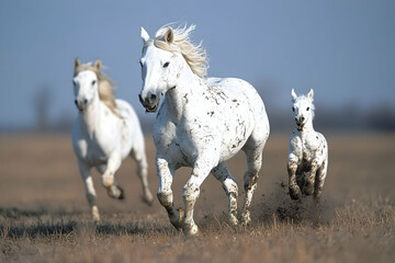 Three white horses, one a foal, gallop across a brown field.  Dust and mud fly up as they run. The wind blows their manes