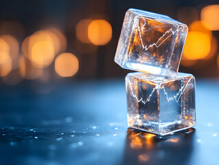 Two clear ice cubes rest on a dark surface, illuminated by warm bokeh lights.  A subtle graph is embedded within each cube, suggesting a frozen market trend