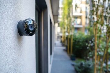 Doorbell with video camera and microphone, on the white wall of an apartment building, doorbell camera