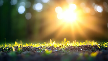 Fototapeta premium Young grass sprouts emerge from dark soil, bathed in the warm glow of a setting sun. Sunlight rays stream through a blurred background of trees