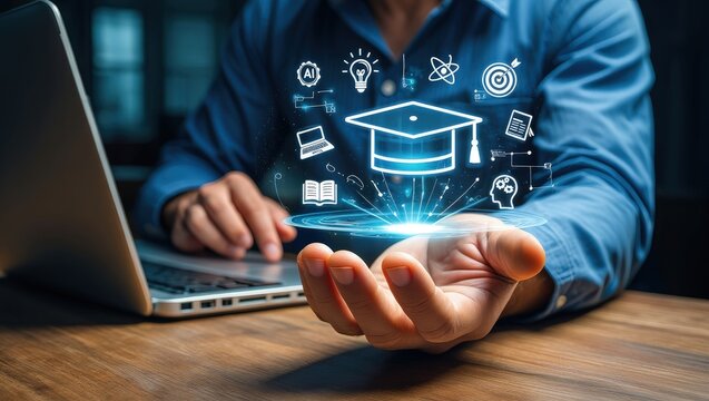 Creativity ideas, AI Artificial Intelligence, Education technology concept, Businesswomen Show AI light bulb icon, Training to develop new skills and knowledge. AI-enhanced learning, Generate Business