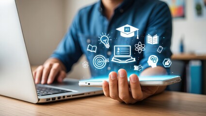 Creativity ideas, AI Artificial Intelligence, Education technology concept, Businesswomen Show AI light bulb icon, Training to develop new skills and knowledge. AI-enhanced learning, Generate Business