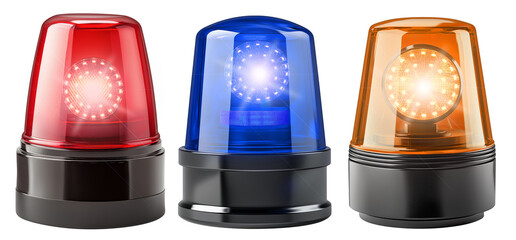 Set collection of beacon warning flashing LED light in blue red and yellow orange signaling caution for police ambulance or fire department. Isolated white background