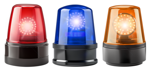 Set collection of beacon warning flashing LED light in blue red and yellow orange signaling caution for police ambulance or fire department. Isolated white background