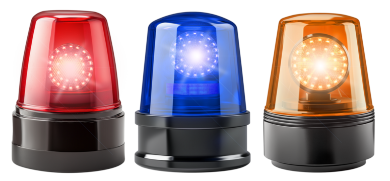 Set collection of beacon warning flashing LED light in blue red and yellow orange signaling caution for police ambulance or fire department. Isolated white background