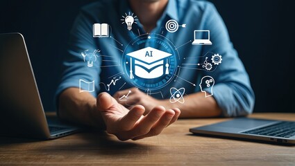 Creativity ideas, AI Artificial Intelligence, Education technology concept, Businesswomen Show AI light bulb icon, Training to develop new skills and knowledge. AI-enhanced learning, Generate Business